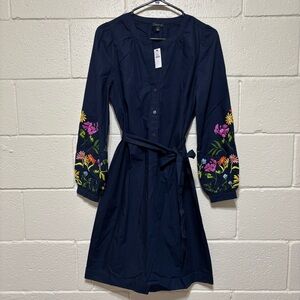 Talbots Dress Women Small Navy Blue Floral Embroidered Long Sleeve Tie Belt FLAW